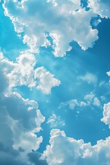 Poster - A single airplane flies through a bright blue sky with puffy white clouds