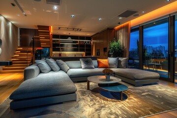 Poster - A warm and inviting living room with comfortable furniture and a large window letting in plenty of natural light
