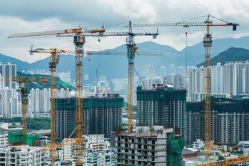 Poster - A city with many tall buildings under construction, ideal for use in urban planning or infrastructure projects