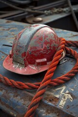 Poster - A hard hat sits on a wooden table, perfect for construction or DIY projects