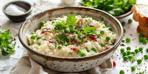 Italian Spring Dish Risi e Bisi with Venetian Rice Green Peas Parsley and Bacon on White Background