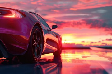 Aufkleber - A bright red sports car is parked on a wet and misty road, ready to hit the highway