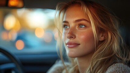 Wall Mural - driver sitting in car young woman driving