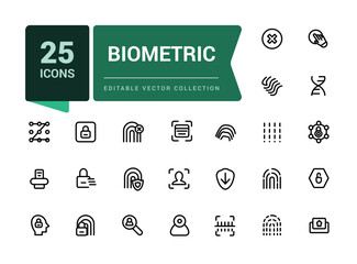 Poster - Set of biometric line icons related to data protection, cyber security, privacy. Simple editable vector stroke illustration.