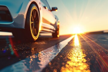 Aufkleber - A car drives down a wet road during sunset, with the sky lit up by warm colors