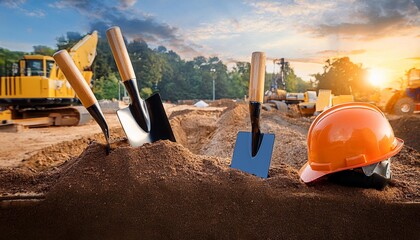 construction workers at work, construction site with helmet, construction helmet on the wall, construction helmet on the beach, site with shovel, tools on the ground, Shovels and hardhats at a groundb