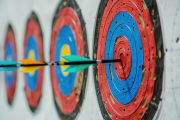 Poster - Group of arrows stuck in the center of a bullseye target, ready to be retrieved