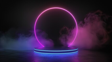 Wall Mural - Neon Circle and Podium with Smoke