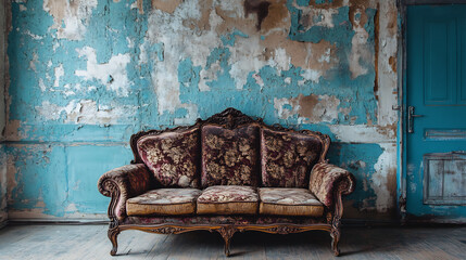 Antique, worn out sofa in a weathered room with peeling blue paint, vintage charm amidst decay, abandoned interior design element