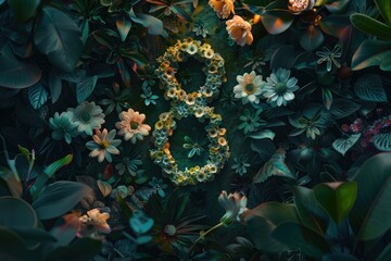 Poster - A decorative composition of flowers and leaves against a dark surface