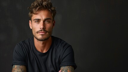 A striking young man with tattoos confidently poses against a dark wall in soft natural light. Generative AI