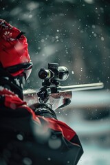 Poster - A man wearing a bright red hat holds a rifle, potentially for hunting or outdoor activities