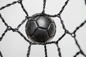 Poster - A soccer ball caught in a net with ropes and strings