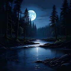 Canvas Print - night landscape with moon