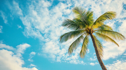 Upward view of a tall palm tree against a bright blue sky with scattered clouds, tropical serenity and open space