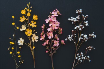 Poster - A close-up image of three colorful flowers on a dark, non-reflective surface