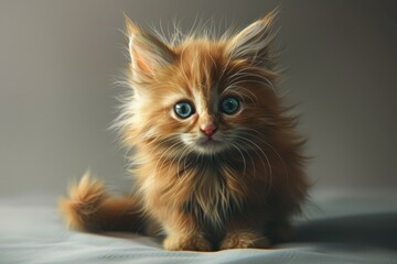 Wall Mural - A small orange kitten sitting on the edge of a bed