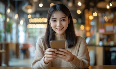 Asian casual business woman, young entrepreneur using mobile phone for online shopping and digital banking via mobile banking app, enjoy with social media at home, modern people, Generative AI