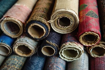 Aufkleber - A pile of rolled up fabric sitting on top of each other, useful for various settings and scenarios