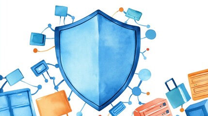 Poster - Shield surrounded by interconnected devices, storage symbols, cyber security concept, Watercolor style