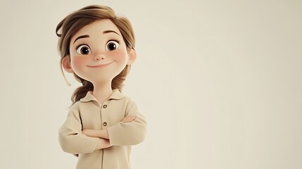 Poster - a cheerful young girl in cozy beige pajamas on a bright white backdrop in a playful 3d cartoon style