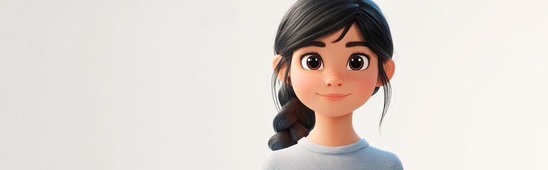 Charming young girl character in a 3D style on a white backdrop