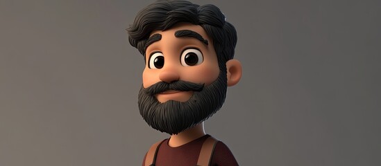 Wall Mural - 3D Cartoon of a Young Handsome Bearded Character with Persian Features Against a Gray Background