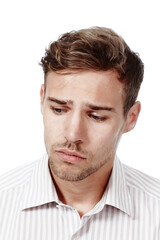 Man, sad and thinking in studio, depression and contemplating grief or loss on white background. Male person, mental health fail and heartbreak anxiety or mourning, nostalgia trauma and psychology