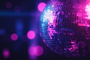 Wall Mural - A disco ball on the left side of an abstract background with rays and light effects in purple, pink, and blue colors.