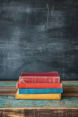 Poster - A stack of books sitting on a wooden table, perfect for educational or literary settings