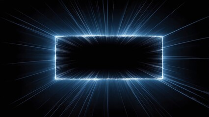 An abstract image of a glowing blue rectangle with light rays emanating from its perimeter against a dark background