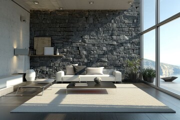 Poster - A modern living room with a unique stone wall and floor-to-ceiling windows, perfect for a relaxing atmosphere