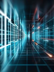 Poster - a futuristic 3d background with neon grid lines receding into the distance, offering a digital and h