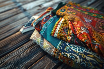 Poster - A collection of ties stacked on a wooden table, suitable for use in office or home settings