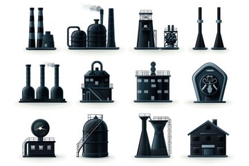 Poster - Various types of industrial buildings including factories, warehouses, and manufacturing facilities