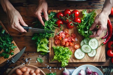 Wall Mural - A person prepares fresh vegetables on a wooden cutting board