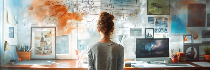 Poster - A woman stands pondering over her creative assignments in a modern office filled with sketches and digital design tools, conveying deep thought.