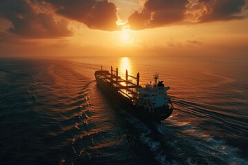 Poster - A large cargo ship sailing through the ocean at sunset, with the sun's warm glow casting a golden light on the water