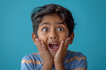 Wall Mural - A young boy with brown hair and brown eyes is making a surprised face