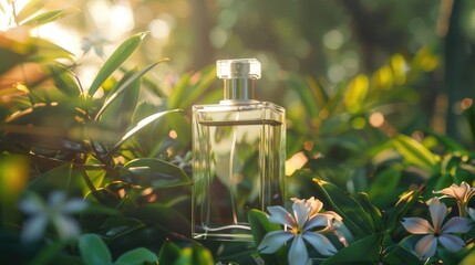 Poster - A bottle of perfume sits atop a lush green field, offering a sweet and serene scene