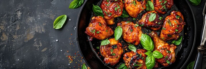 Wall Mural - Overhead view of pan-fried garlic brown sugar chicken with plenty of empty space for text.