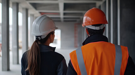 Engineer and general contractor with hard hats conducting a site walkthrough