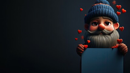 3D cartoon of a stylish bearded guy in a winter hat with a trendy mustache serious expression surrounded by red hearts and snowflakes in his beard next to a blue paper on a dark backdrop with blan