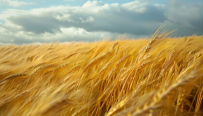 field of golden wheat sways gently in the wind, a dramatic sky above