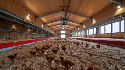 Poster - A large farm barn containing a group of chickens, ideal for agricultural or rural themed projects