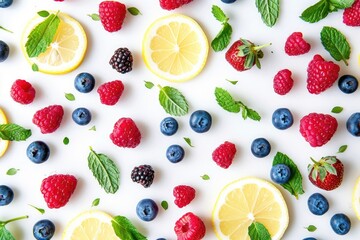 Wall Mural - Fresh fruits arranged on a white surface