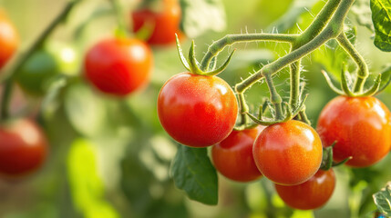 Wall Mural - Close-up of ripe cherry tomatoes on the vine, [Main keyword: Vegetables], [Concept: Sweet and juicy garden produce]