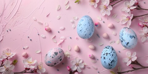 Poster - Pink background featuring speckled eggs surrounded by cherry blossoms, ideal for spring-themed designs or Easter-inspired artwork,
