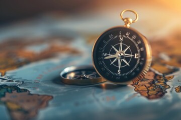 Fototapete - A detailed view of a compass on a map, suitable for use in navigation or educational settings