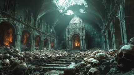 A haunting vision of a forgotten cathedral, the skeletal remains of its worshippers pave the way to the altar.